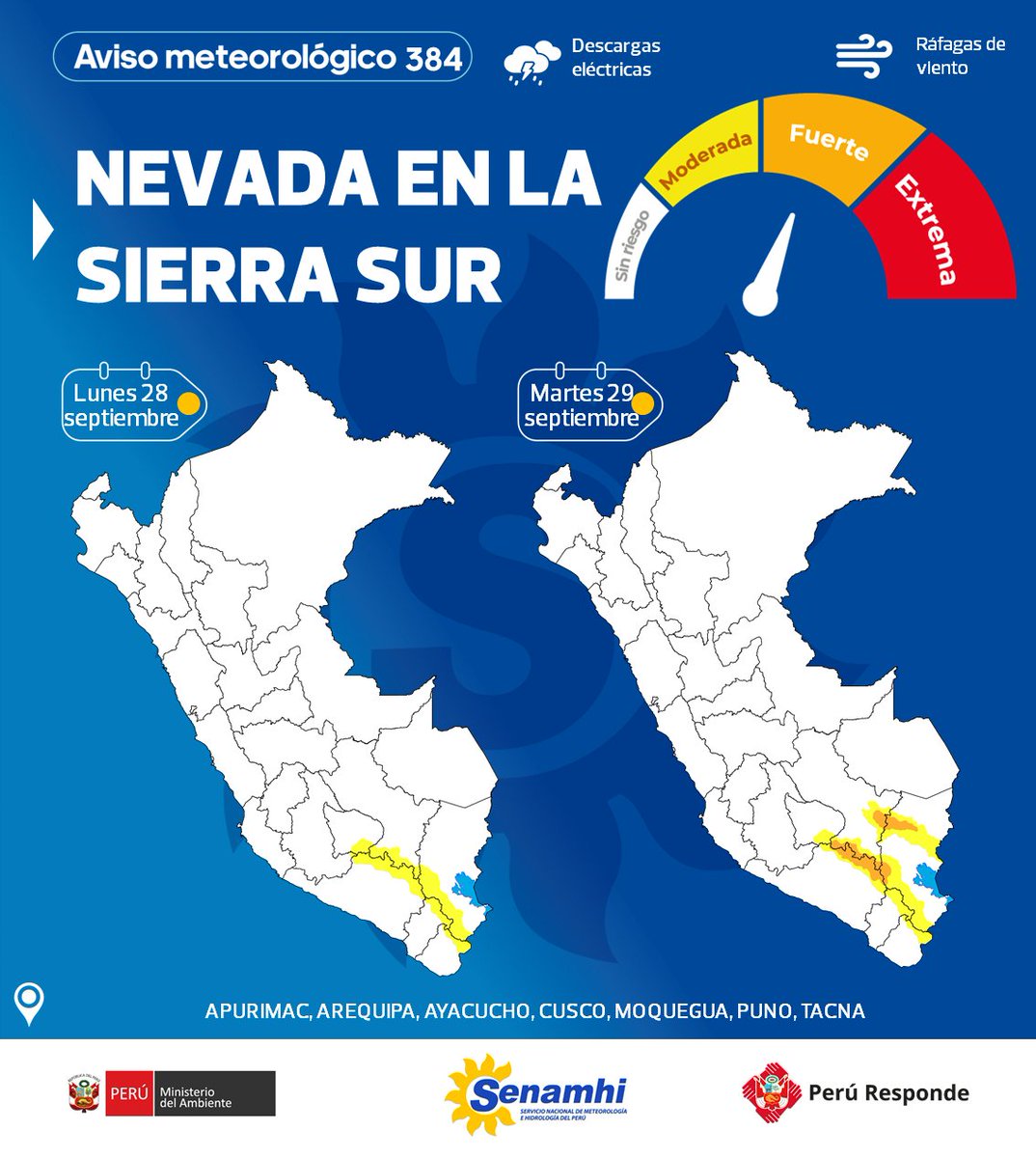 Senamhiperu's tweet photo. ❄️📣 #Aviso #Minam #Senamhi Del 28 al 29 de setiembre, se presentará la ocurrencia de nevadas en zonas por encima de los 4000 m s. n. m. de la sierra sur.

📲  https://t.co/9BNUvfuZMi

#ElPerúSeAbriga En las noches frías, no olvides usar ropa abrigadora al dormir. https://t.co/fNhRys0kF6