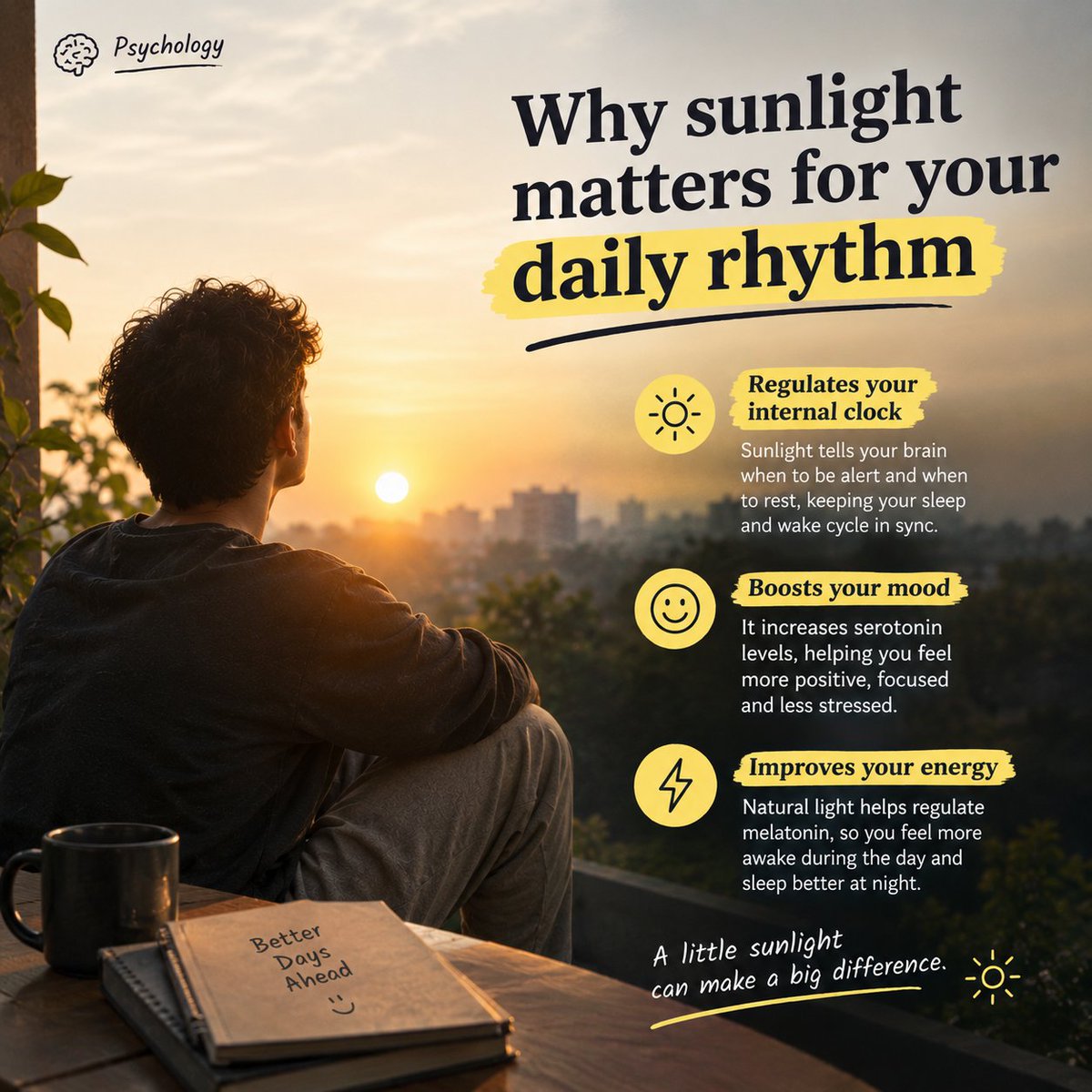 raajiiiv's tweet photo. ☀️ Why sunlight matters for your daily rhythm

1. REGULATES YOUR BODY CLOCK
2. SUPPORTS YOUR MOOD
3. HELPS YOU FEEL ALERT

A little morning light can make a big difference. https://t.co/pWzrYakTiL
