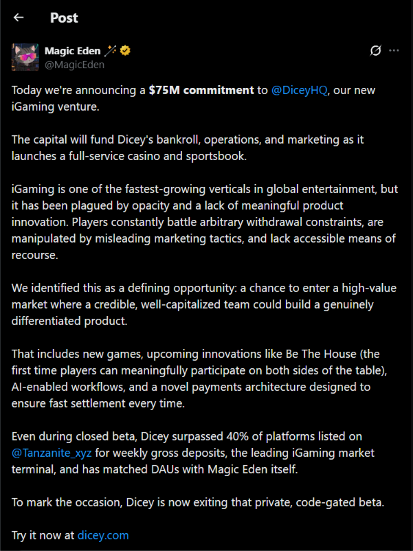 bpmrunner's tweet photo. Magic Eden milked NFT users for every cent they could.

We (the users) got drained. 

$75M for a casino. 
$0 for us. 🧵 https://t.co/n3q809Psir