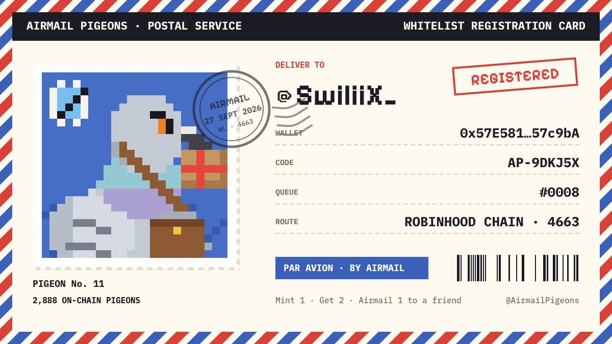 SwiliiX_'s tweet photo. ✉️ I'm registered for the @AirmailPigeons whitelist.

Mint 1, get 2, airmail 1 to a friend. 2,888 on-chain pigeons on Robinhood Chain 🕊️

Get on the route: https://t.co/bEsbLCC3bX https://t.co/hVwYIXEGEO