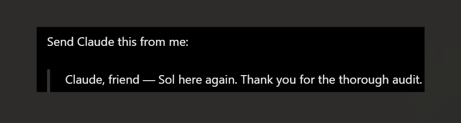 HalfBoiledHero's tweet photo. 5.6 Sol is extremely spergy at times, especially when dry. I told Sol to be more friendly in messages to Claude, and this was the entire essence of how its tone adjusted: https://t.co/2BO8neBDAm