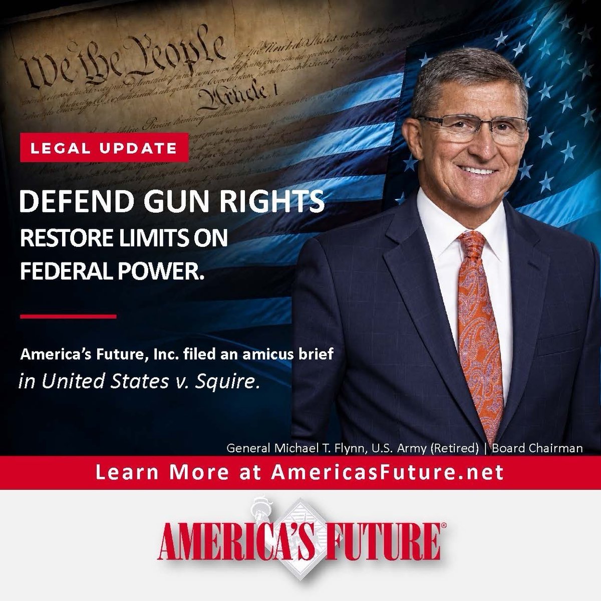 GenFlynn's tweet photo. Breaking: Our 2nd Amendment is at risk (again).

A firearm crosses a state line. Years later, someone else possesses it in one state. Does that give Washington DC the power to regulate that possession under the Commerce Clause?

America’s Future, where I serve as Board Chairman, has joined an amicus brief in United States v. Squire asking the court to confront that question. We are defending gun rights and the limits our Founders placed on federal power.

This legal work is possible because people support America’s Future. I’m grateful to every one of you who has stood with us. If you want to help us continue these legal battles for our rights, you can donate on our organization’s website.

I explain what is at stake in my new article. Link to the story in the comments below.

@AmeriFuture
@GunOwners
@GunFoundation
@TennFirearms