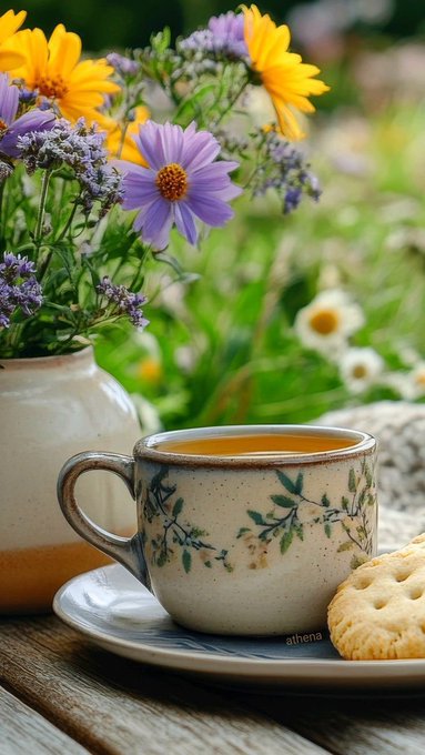 A rustic ceramic teacup filled with tea sits on a saucer next to a cookie, with a vase of purple and yellow wildflowers in the background.