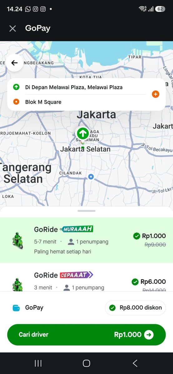 FufiMini's tweet photo. lumayan banget ongkos dari depan melawai plaza mau ke blok m square dipotong diskon gopay dari sembilan ribu jadi cuma seribu rupiah doang, gokil Gojek Lebih Murah DiGoPay https://t.co/V8yP3Xn8Oa