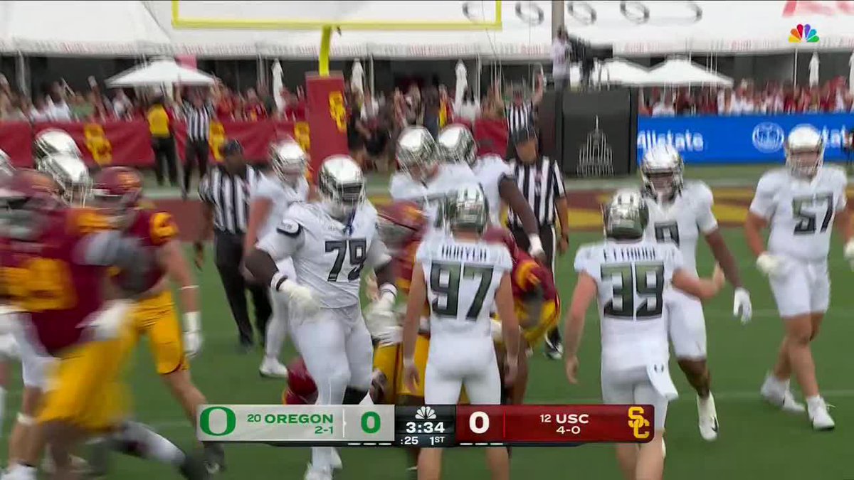 The image shows a scoreless moment from a college football game between #20 Oregon (2-1) and #12 USC (4-0), with 3:34 remaining in the 1st quarter, suggesting the "Ducks on the board first" caption refers to an Oregon score that hasn't yet appeared on this 0-0 scoreboard, as NBC broadcasts the matchup.
