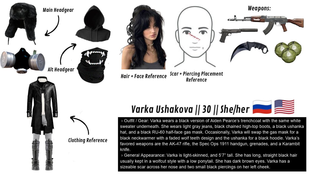 falkenexus's tweet photo. so i made a photobashed ref sheet for my watchdogs oc/sona, varka. shes kinda special to me... https://t.co/YRwoIF7A5V