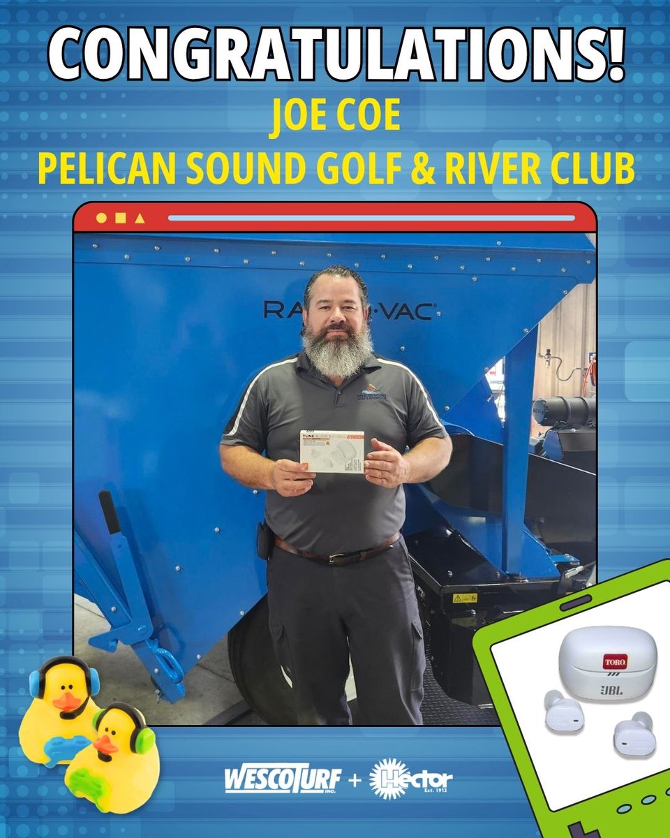 HectorTurf's tweet photo. 🎮 Achievement Unlocked: Winner! 🎮

A big congratulations to Joe Coe from Pelican Sound Golf & River Club for scoring a pair of Toro-branded JBL Tune Buds 2 in our latest Wesco Lucky Duck Contest! 🎧🦆

The gaming-themed ducks brought the fun, and this lucky winner is taking home the prize.

Who's ready for the next level?

#WescoLuckyDuck #Toro #JBLTuneBuds2 #WinnerAnnouncement #GameOn