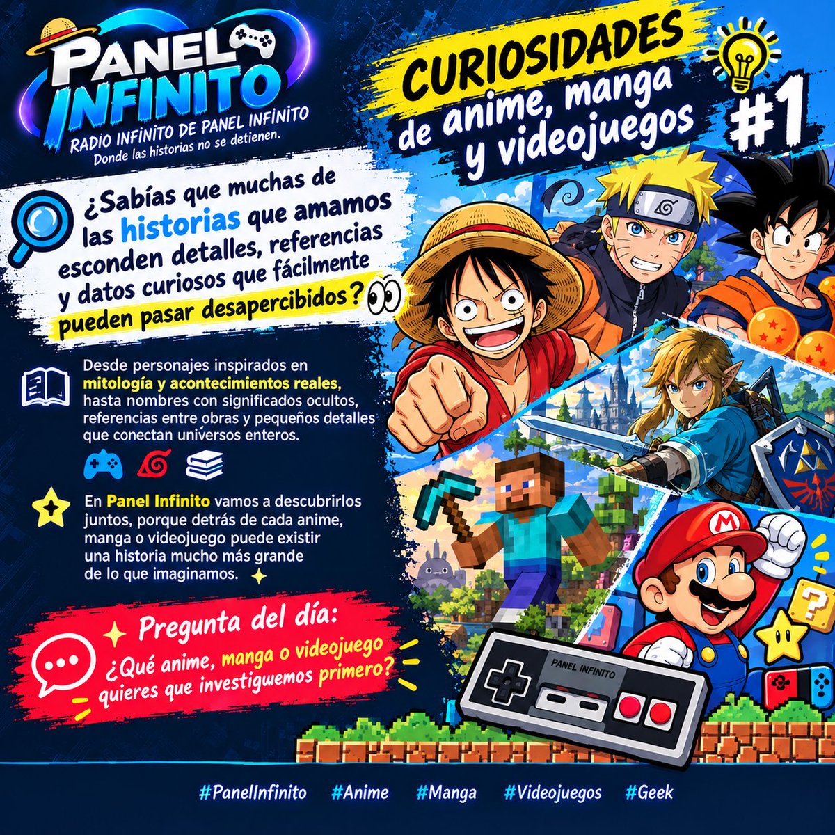 AlxLo03's tweet photo. 📡 RADIO INFINITO DE PANEL INFINITO
Donde las historias no se detienen.

🌀 Curiosidades de anime, manga y videojuegos #1

#PanelInfinito #Anime #Manga #Videojuegos #Geek https://t.co/G87Ded3FTq