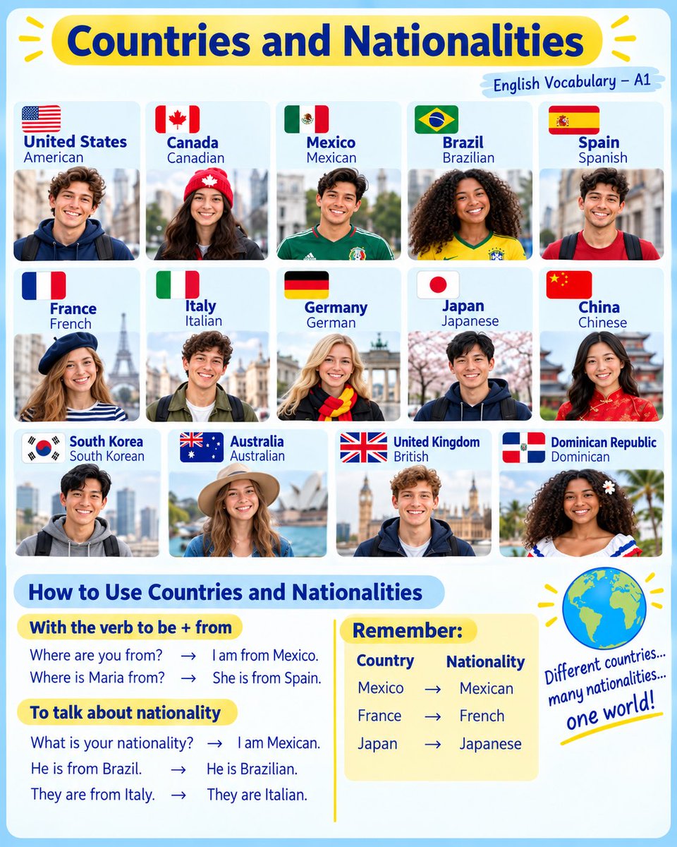 EngFluentLearn's tweet photo. 🌍🇺🇸 ¡Aprende países y nacionalidades en inglés con EngFluentLearning!
Guarda esta guía visual para repasar. 👉💾
👇 ¿De qué país eres? ¡Dinos en inglés en los comentarios!
#EngFluentLearning #InglésFácil #EnglishVocabulary #AprenderInglés https://t.co/JGWyWoSDR0