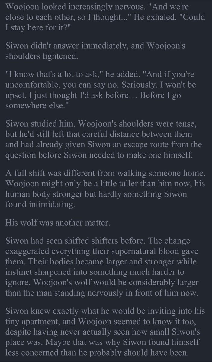bravegaram's tweet photo. My partner helped me a little with this because I’ve never really written supernatural AU before, but I hope to have the hang of this after a couple more scenes and plotting. This is for the Woojoon/Siwon Shifter/Witch AU. (1/4) https://t.co/GPzL582Q7P
