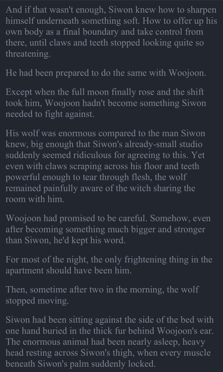 bravegaram's tweet photo. My partner helped me a little with this because I’ve never really written supernatural AU before, but I hope to have the hang of this after a couple more scenes and plotting. This is for the Woojoon/Siwon Shifter/Witch AU. (1/4) https://t.co/GPzL582Q7P