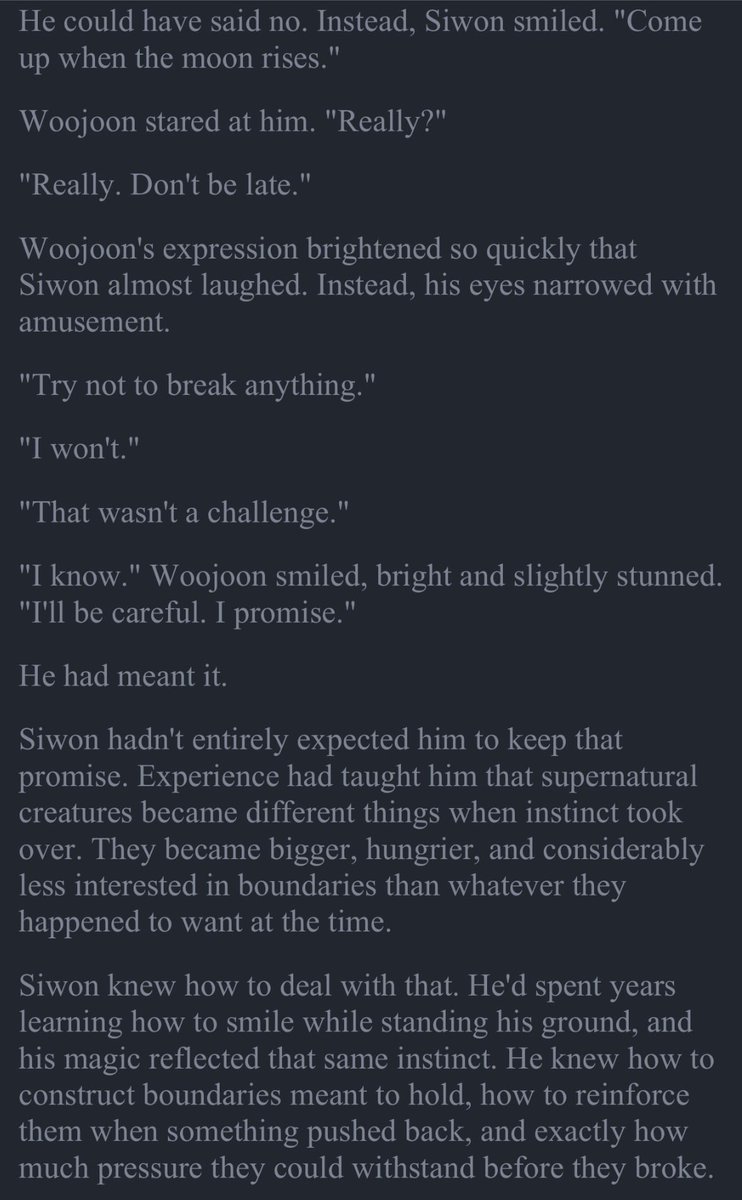 bravegaram's tweet photo. My partner helped me a little with this because I’ve never really written supernatural AU before, but I hope to have the hang of this after a couple more scenes and plotting. This is for the Woojoon/Siwon Shifter/Witch AU. (1/4) https://t.co/GPzL582Q7P