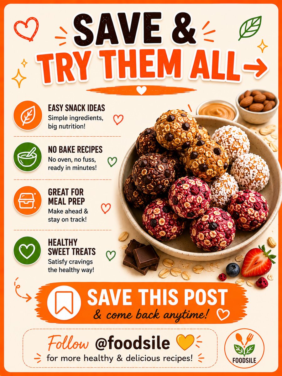 ColeneBerts05's tweet photo. Need an easy, healthy snack? These no-bake energy balls are naturally sweet and perfect for meal prep, busy days, or pre- and post-workout fuel. Choose from peanut butter, chocolate oat, coconut almond, or berry protein. Save for later. https://t.co/2Swslz8qv3