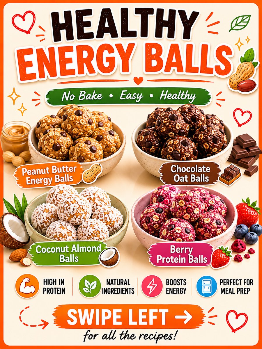 ColeneBerts05's tweet photo. Need an easy, healthy snack? These no-bake energy balls are naturally sweet and perfect for meal prep, busy days, or pre- and post-workout fuel. Choose from peanut butter, chocolate oat, coconut almond, or berry protein. Save for later. https://t.co/2Swslz8qv3