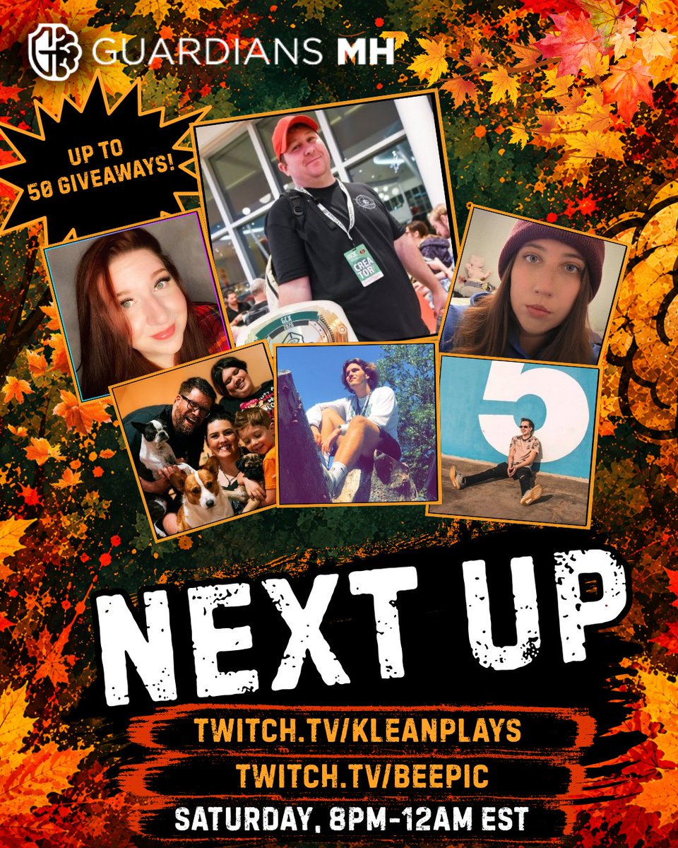 GuardiansMH's tweet photo. NEXT UP, @BeepicXi , @KleanPlays, @AkiAndFam , @thesarebear4 , @PownerOnTwitch !

Our Autumn Charity Stream Weekend continues!
Tune in, hang out, &amp; help support @GuardiansMH
as we raise mental health awareness!

https://t.co/5aZaUdJZVI https://t.co/xf2w3qPuR6