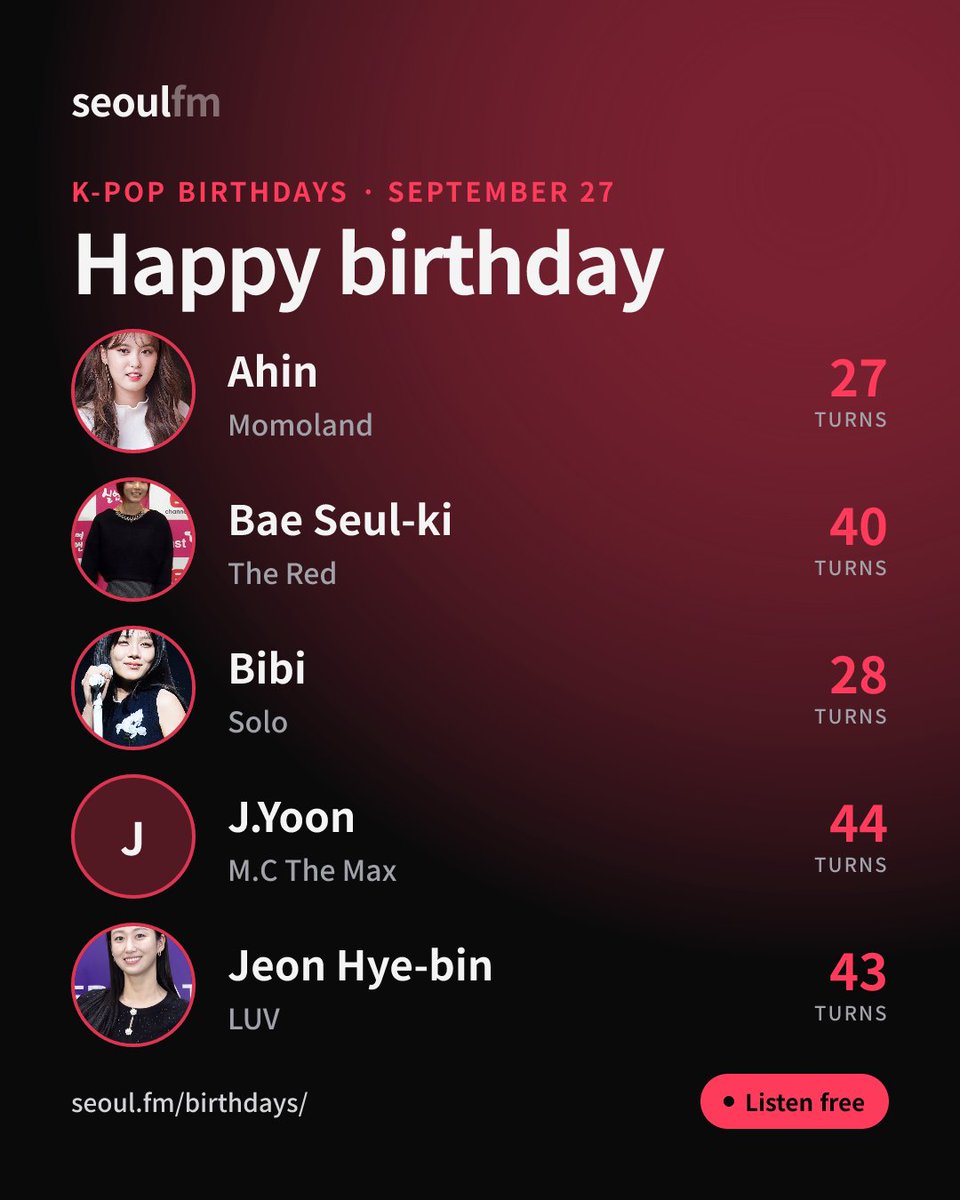 seoulfm's tweet photo. 🎂 Happy birthday Ahin (Momoland), Bae Seul-ki (The Red), Bibi, J.Yoon (M.C The Max), Jeon Hye-bin (LUV)!

#kpop #kpopradio #SeoulFM #Momoland #TheRed #Bibi #MCTheMax #LUV https://t.co/Lgk4lymdRg