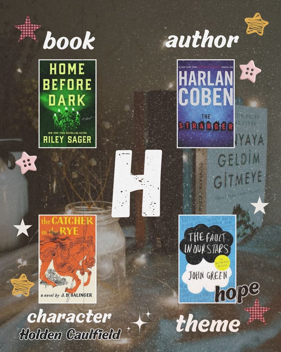 KaleighWacnek's tweet photo. Let’s play a little game. For each letter in your name, choose
1. Book title
2. Author
3. Character
4. Theme

It was so fun, though some letters were tricky. Passing the challenge to anyone who wants to try! https://t.co/Eb85QSSMRY