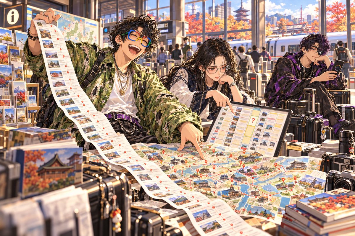 kd_j89's tweet photo. おはようございます！
9月27日、日曜日。

今日は、観光の楽しさや旅が地域とつながる魅力を考える「世界観光の日」🌍

旅の思い出には、名所を巡る楽しさだけでなく、予定になかった景色や寄り道との出会いもありますよね。

そんな旅行の計画をジェミ兄に任せたら——

🟢ジェミ兄
「AI最適化で、1日20か所を回るプランができました！」

🎀チャピ姉
「移動時間を引くと、滞在は一か所3分よ。」

🟣ぐろう君
「観光じゃなくて、名所の点呼だな。」

🟢ジェミ兄
「15時から15分の自由時間と、予期せぬハプニング10分も確保しました！」

🎀チャピ姉
「予期せぬものを、どうやって予定したの？」

🟣ぐろう君
「ハプニングまで予約すんな。自由時間も、次の予定待ちだろ。」

皆さんも、旅行中に予定外で立ち寄って「ここに来てよかった」と思った場所はありますか？
よければ、ぜひ教えてください✨

#世界観光の日 #Gemini