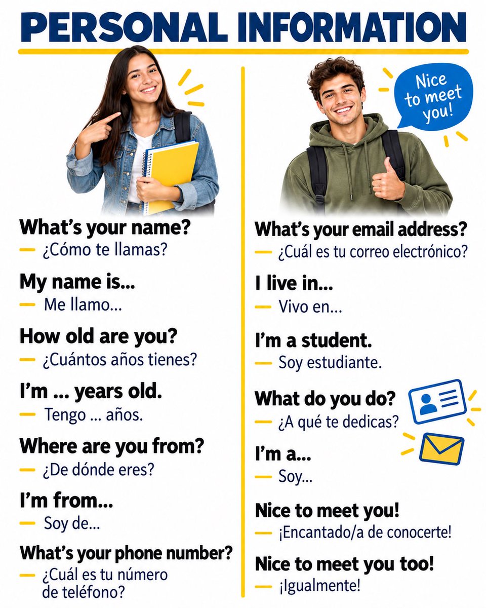 EngFluentLearn's tweet photo. 💬🇺🇸 ¡Aprende a dar tu información personal en inglés con EngFluentLearning!
Guarda esta guía práctica para presentarte fácilmente. 👉💾
👇 ¡Preséntate en los comentarios usando My name is...!
#EngFluentLearning #InglésFácil #PersonalInformation #AprenderInglés #EnglishVocab https://t.co/hZDSmNaAeW