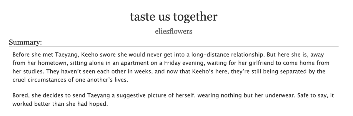 flwrskyo's tweet photo. taste us together (keetae)

💋 5.4k words, explicit
💋 established &amp; long-distance relationship, f/f
💋 for #sskw26 day 7 🤍 https://t.co/MLF10NF0tX