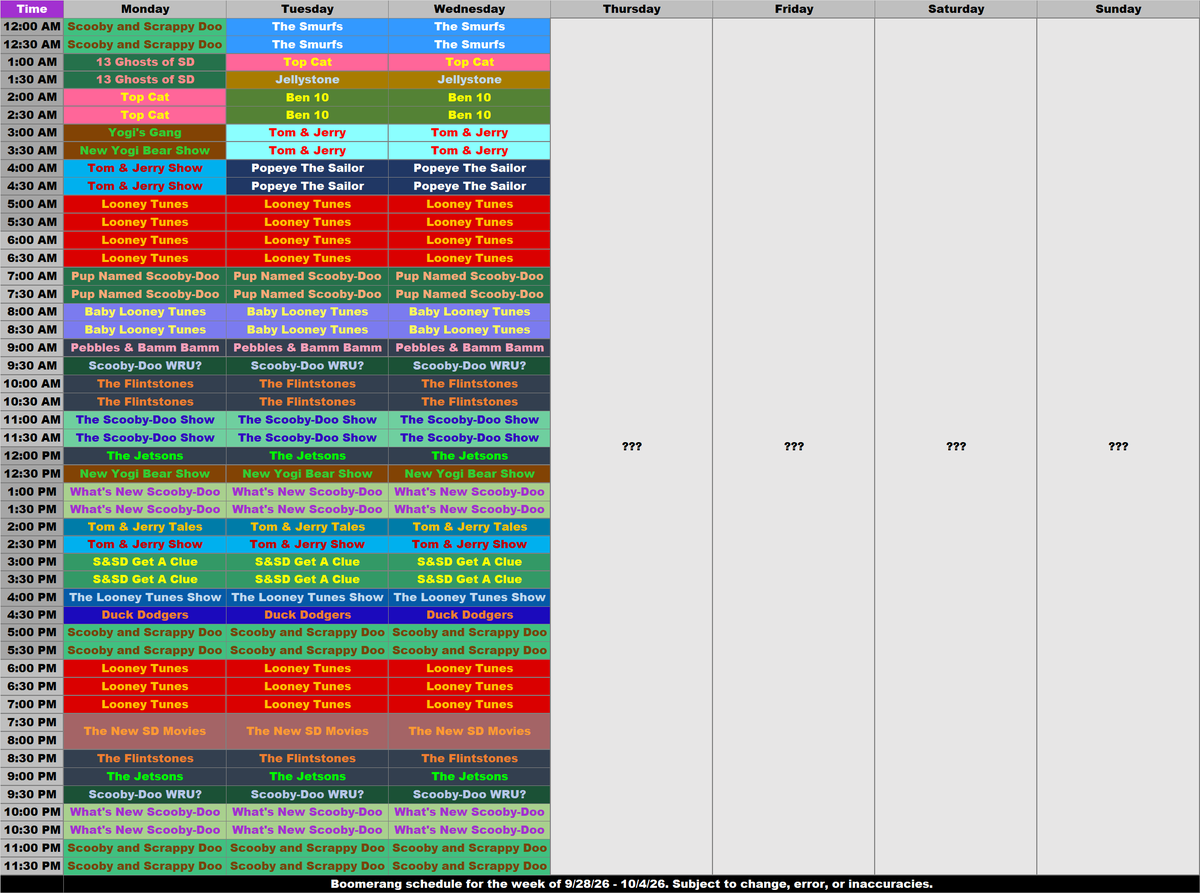 ArtieReviews's tweet photo. Boomerang schedule for the week of 9/28/26 - 10/4/26. I thought this would be a good time to check up on Boomerang once again- oh...

That's right, the schedule API data past September 29 is blank. Not sure if the CN staff are still deciding what to schedule after the rights to a ton of WB/HB shows expire on October 1, or rather Boomerang has a worse fate.