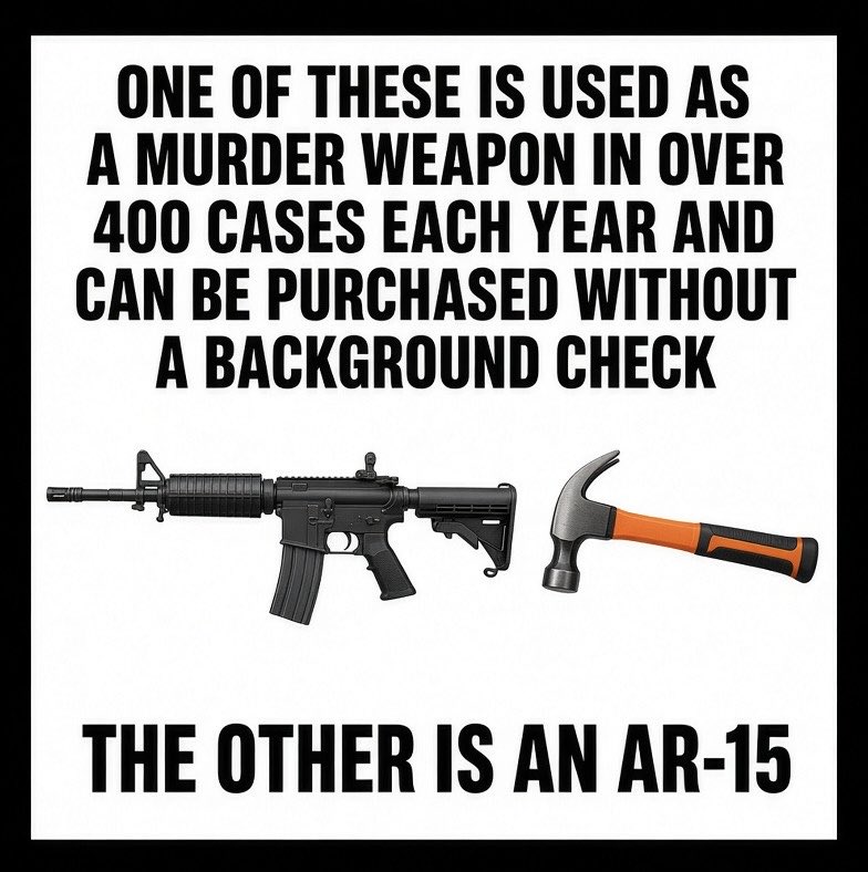 SparksN123's tweet photo. FBI still can’t decide if the framing hammer is more dangerous than every rifle in America combined. Meanwhile Home Depot never ran a NICS check. We should ban kitchen knives next. They beat rifles every year. Demrat stupid. https://t.co/RA3FAQHTJV