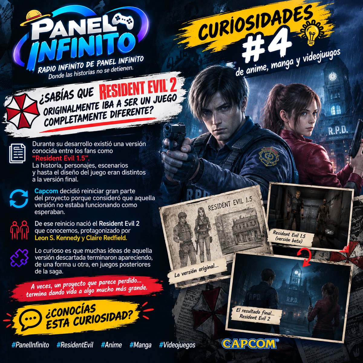 AlxLo03's tweet photo. 📡 PANEL INFINITO — CURIOSIDAD #4

🧟 ¿Sabías que Resident Evil 2 originalmente iba a ser un juego completamente diferente?

#PanelInfinito #ResidentEvil #Anime #Manga #Videojuegos https://t.co/rOLWooiwjq