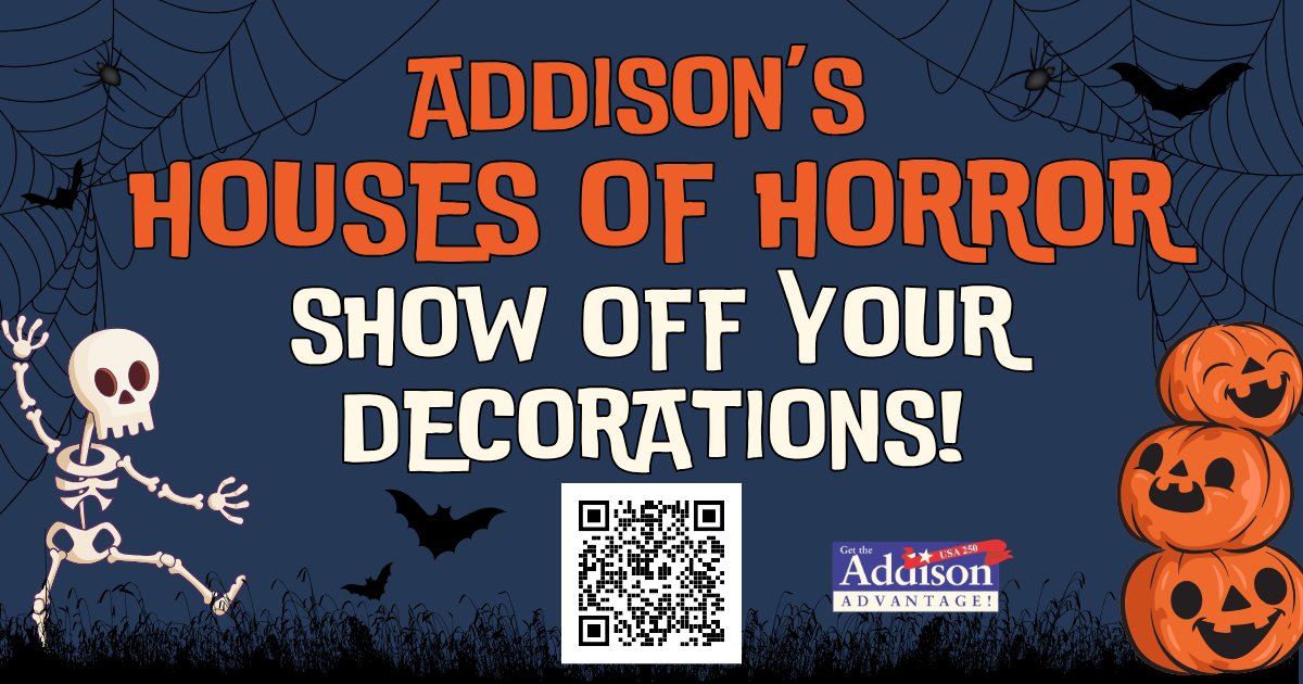 AddisonVillage's tweet photo. Halloween is just around the corner, and we want to showcase some of the spooky, creative, and festive decorations around Addison!

Did you go all out for Halloween? We want to see it! Submit a photo of your decorations for a chance to be featured on the Village of Addison's social medias throughout the month of October. 

Submit your decorations by scanning the QR code or clicking here: https://t.co/Y90ivQx7AX