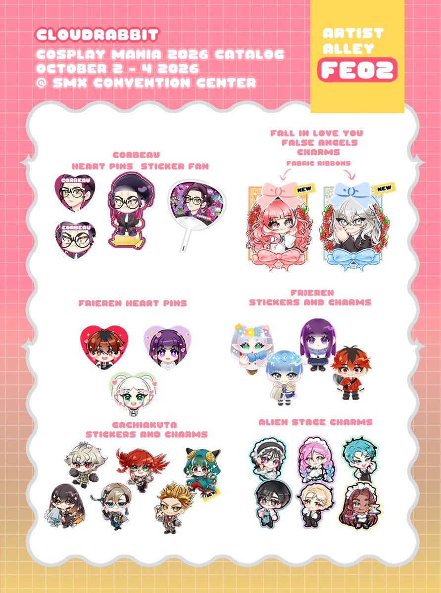 _cloudrabbit's tweet photo. Hello! Here's my catalogue for #Cosmania2026 > w <))9✨

New duo stuff📖🧤, Koidomo, and Holostars stuffs🌟
I also have some WHA, Gachiakuta, ZZZ, HSR, Niji EN, and Niji JP! 
See youu~!!* w *))//✨

Pre-Order and Mailorder form below!
#cosplaymania2026 #FanfairAtCosplayMania2026 https://t.co/vFIgjdsIWY