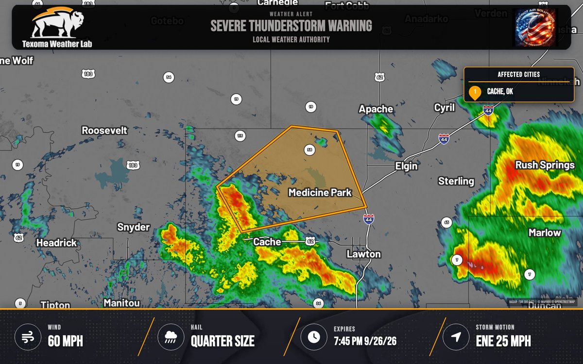 TexomaWXLab's tweet photo. Severe Thunderstorm Warning for Comanche, OK until 7:45 PM 9/26/26. 60 mph wind gusts and 1.0" hail are possible. Move to an interior room on the lowest floor. https://t.co/0jNsRKbLEE