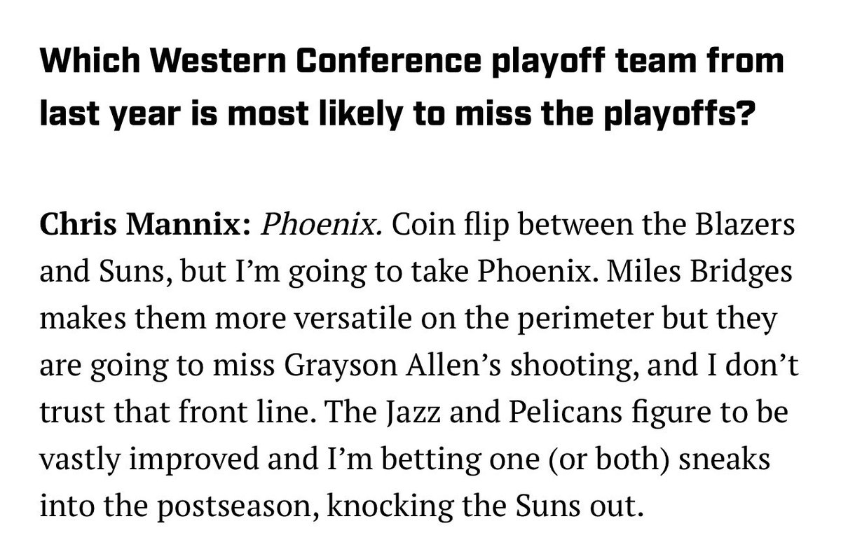 PHNX_Suns's tweet photo. A couple of writers at Sports Illustrated believe the Phoenix Suns will MISS the Playoffs — in favor of the Jazz &amp;/or Pelicans...

The Suns did ultimately average out at 8th place in SI's 3-writer Western Conference standings predictions, at 42-40.

Thoughts? 🤔💭 https://t.co/UKeK2qSIwT