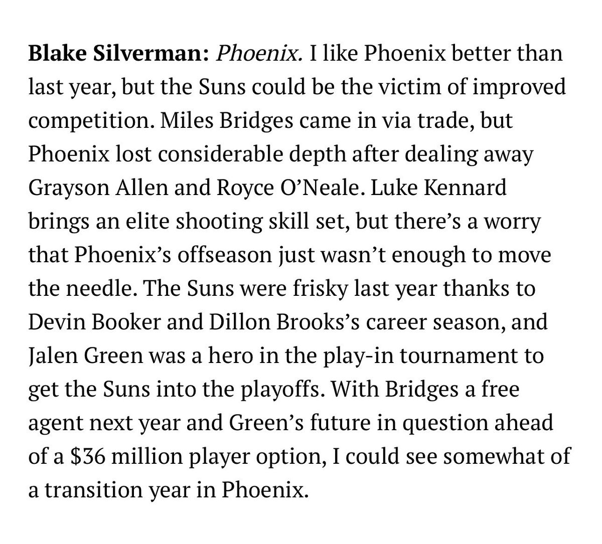 PHNX_Suns's tweet photo. A couple of writers at Sports Illustrated believe the Phoenix Suns will MISS the Playoffs — in favor of the Jazz &amp;/or Pelicans...

The Suns did ultimately average out at 8th place in SI's 3-writer Western Conference standings predictions, at 42-40.

Thoughts? 🤔💭 https://t.co/UKeK2qSIwT