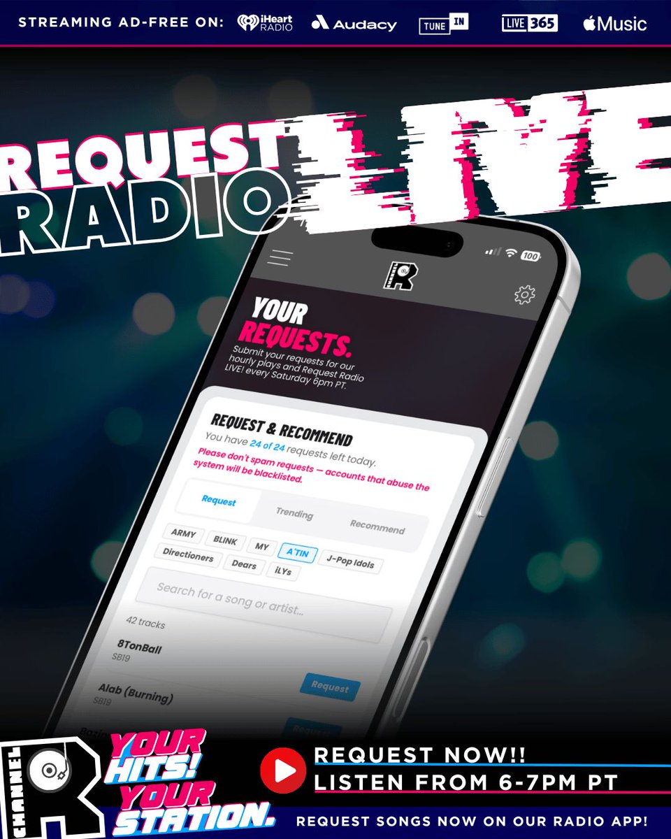 channelrradio's tweet photo. 📲 REQUEST LINE IS OPEN! 📲

Get your picks in the app NOW — #ChannelRRequestRadio LIVE hits the air at 6PM PT, playing nothing but YOUR requests for 60 straight minutes, live &amp; ad-free.

Whichever fandom shows up loudest owns the hour. 🔥

📲 https://t.co/AE4SLtHKBC https://t.co/ws57S7hzbV