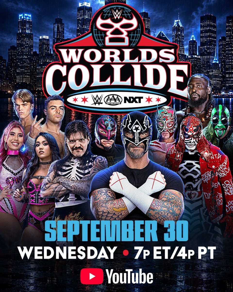 WWEAustralia's tweet photo. The best of WWE take on the best of AAA at Worlds Collide!! 👊

Worlds Collide streams LIVE Thursday, October 1 at 9am AEST on @WWE's YouTube! 

@WWENXT | @luchalibreaaa https://t.co/5LjyRUJPKj