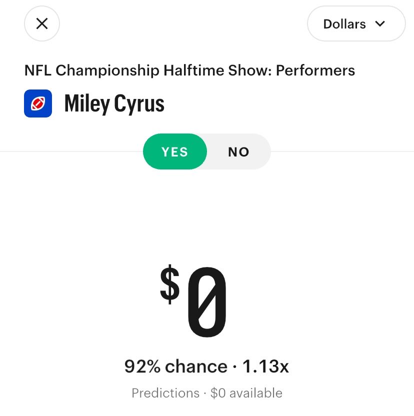 happiestmiley's tweet photo. Kalshi now has Miley Cyrus at 92% to perform at the Super Bowl halftime show. 👀 https://t.co/KOAqSVckr6