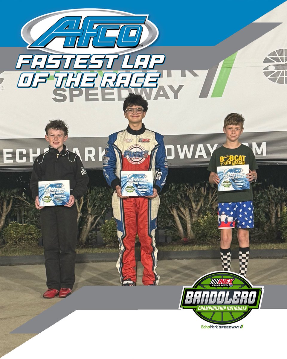 USLegendCars's tweet photo. AFCO Racing fastest laps of the race from Saturday at EchoPark Speedway! 💨 

Outlaws: Lucas McFall 
Bandits: Gio Anderlini
Beginner: Colton Sherman 

#BandoNats | #INEX https://t.co/Hq9gfVp5Ft
