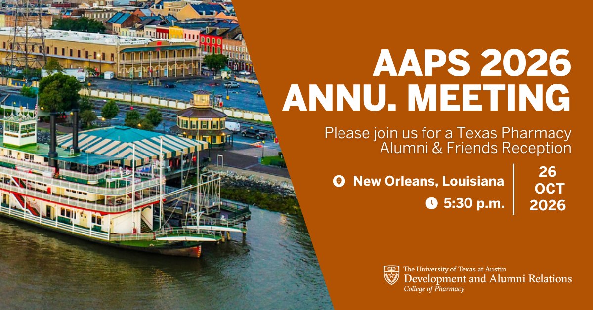 UTexasPharmacy's tweet photo. Heading to AAPS PharmSci 360—or in the New Orleans area? ⚜️🤘

Join Texas Pharmacy alumni and friends for a reception on October 26 at 5:30 p.m. at the Hilton New Orleans Riverside!

RSVP: https://t.co/00wddIR5NG https://t.co/3kjOJIQNKk