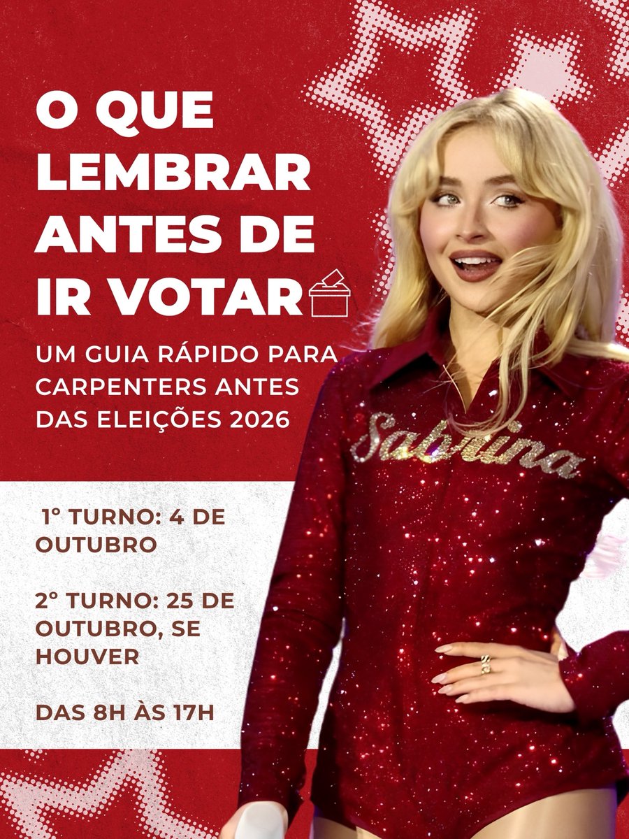 UpdatesBrinaBR's tweet photo. CARPENTERS NÃO VOTAM EM FASCISTAS!

Antes de votar no próximo domingo, relembre com a gente tudo o que você precisa saber para o dia da votação e as causas que Sabrina Carpenter apoiou ao longo dos anos. ⭐️ https://t.co/sbLQ3HcviA