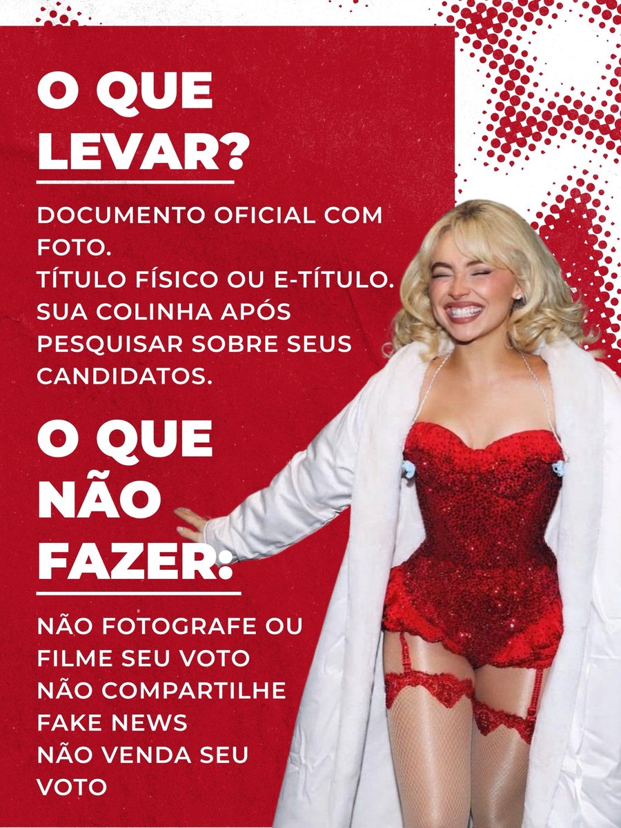 UpdatesBrinaBR's tweet photo. CARPENTERS NÃO VOTAM EM FASCISTAS!

Antes de votar no próximo domingo, relembre com a gente tudo o que você precisa saber para o dia da votação e as causas que Sabrina Carpenter apoiou ao longo dos anos. ⭐️ https://t.co/sbLQ3HcviA