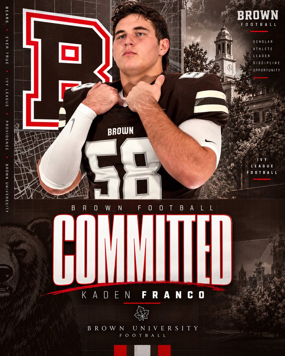 BigKadeFranco58's tweet photo. After an amazing official visit at @BrownU_Football and a great conversation with the coaching staff I’m blessed to say I’m committed to Brown University! Go Bears! 
@boscofootball https://t.co/CJ7AvHA1dD