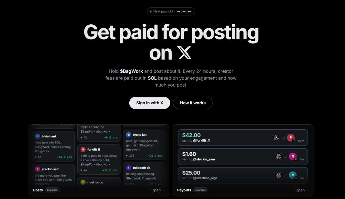 tryBagWork's tweet photo. Bagwork is officially live:

The coin that pays its holders for posting on X, straight from creator fees.

On Solana:
→ hold $BagWork, every trade feeds the pool
→ post about it with #bagwork in the post
→ every 24h the pool splits by engagement
→ Paid through XMONEY hourly or via SOL

Try it out ↓

site: https://t.co/6QrdeAXYAb

$BAGWORK