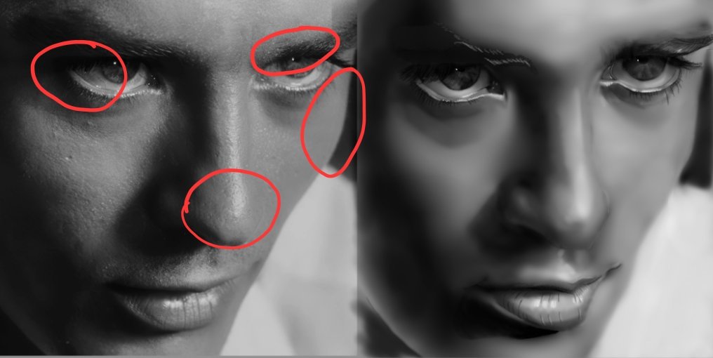 Horu_nyan's tweet photo. @altan_art_ the left eye is elongated and goes beyond the lashes; the cheekbone is round and soft, it's good that you added the flat part on top of it! very nice detail : ); nose is a little bit sharp but honestly your impression looks very natural!; 1/2 https://t.co/g30TaW0VqX