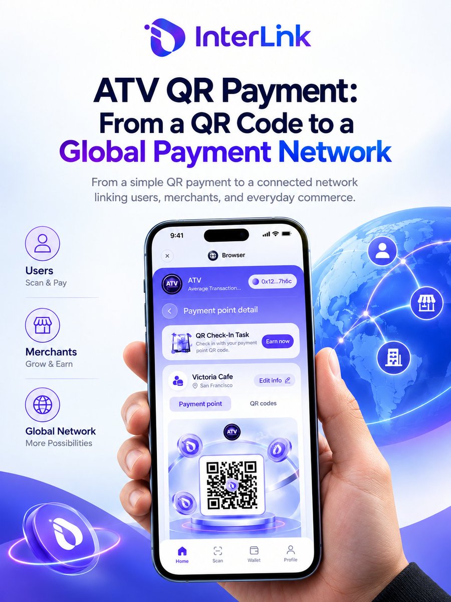Tripanbaburo58's tweet photo. ATV QR Payment: Simple Scan 💜

A QR code may look simple, but its real potential comes from the payment network built behind it.

ATV QR Payment is exploring this opportunity as a payment dApp built on InterLink infrastructure, aiming to make digital payments easier and more practical for everyday users.

📱 How simple can it be?

With ITLX, a user could simply:

Scan → Check → Confirm → Pay.

No complicated wallet addresses. No unnecessary steps. Just a familiar smartphone payment experience.

🌐 The Power of the Network

The bigger opportunity is not just making payments—it is building a merchant acceptance network.

More merchants accepting ATV means more places for ITLX users to spend.

More users means more potential customers for participating merchants.

More merchants → More users → More utility → Stronger network.

🏪 A café, restaurant, retailer, service provider, or online business could potentially use an ATV QR as a simple connection between their business and digital payments.

🚀 Beyond QR Payments

Over time, ATV could potentially expand beyond basic transactions into:

• Digital receipts
• Payment links
• Refunds
• Loyalty programs
• Customer rewards
• Merchant analytics
• E-commerce & POS integration

This could turn ATV from a simple payment tool into a broader commerce infrastructure layer.

🔗 Built on InterLink

ATV is being developed on InterLink infrastructure, creating the potential to connect users, merchants, ITLX, and digital services within a growing ecosystem.

The vision is simple:

ATV Payment Point = “You can use your ITLX wallet here.”

Imagine these payment points across cafés, restaurants, retail, transportation, entertainment, services, and online businesses.

That is where the real potential begins.

It starts with one QR scan.
It can grow into a payment network. 💜

#InterLink #ITLG #ITL #ATV #QRPayment

@inter_link @kv_interlink