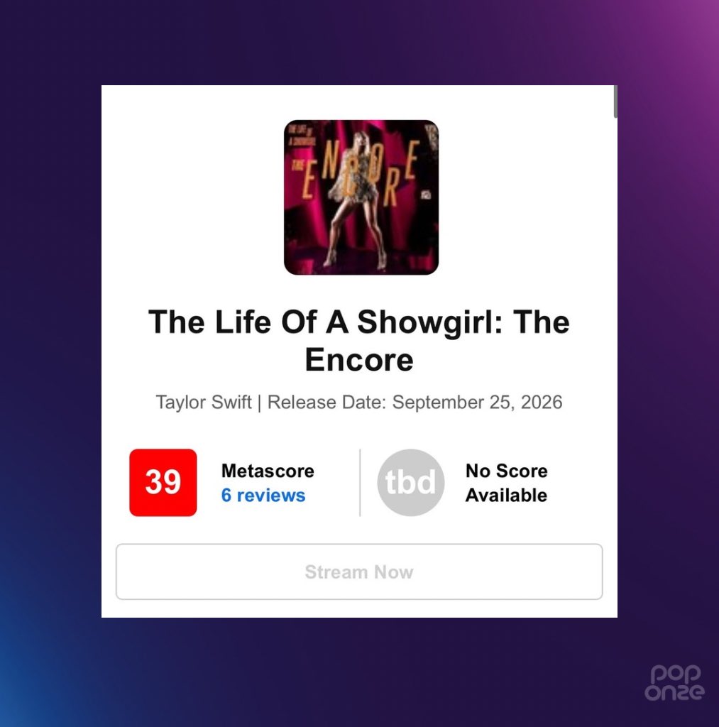 poponze's tweet photo. Com 6 reviews, “The Life of a Showgirl: The Encore” oficialmente fica no vermelho no Metacritic. Esse é o primeiro álbum de Taylor Swift a receber uma avaliação vermelha na plataforma. https://t.co/VYM5PrmgGI