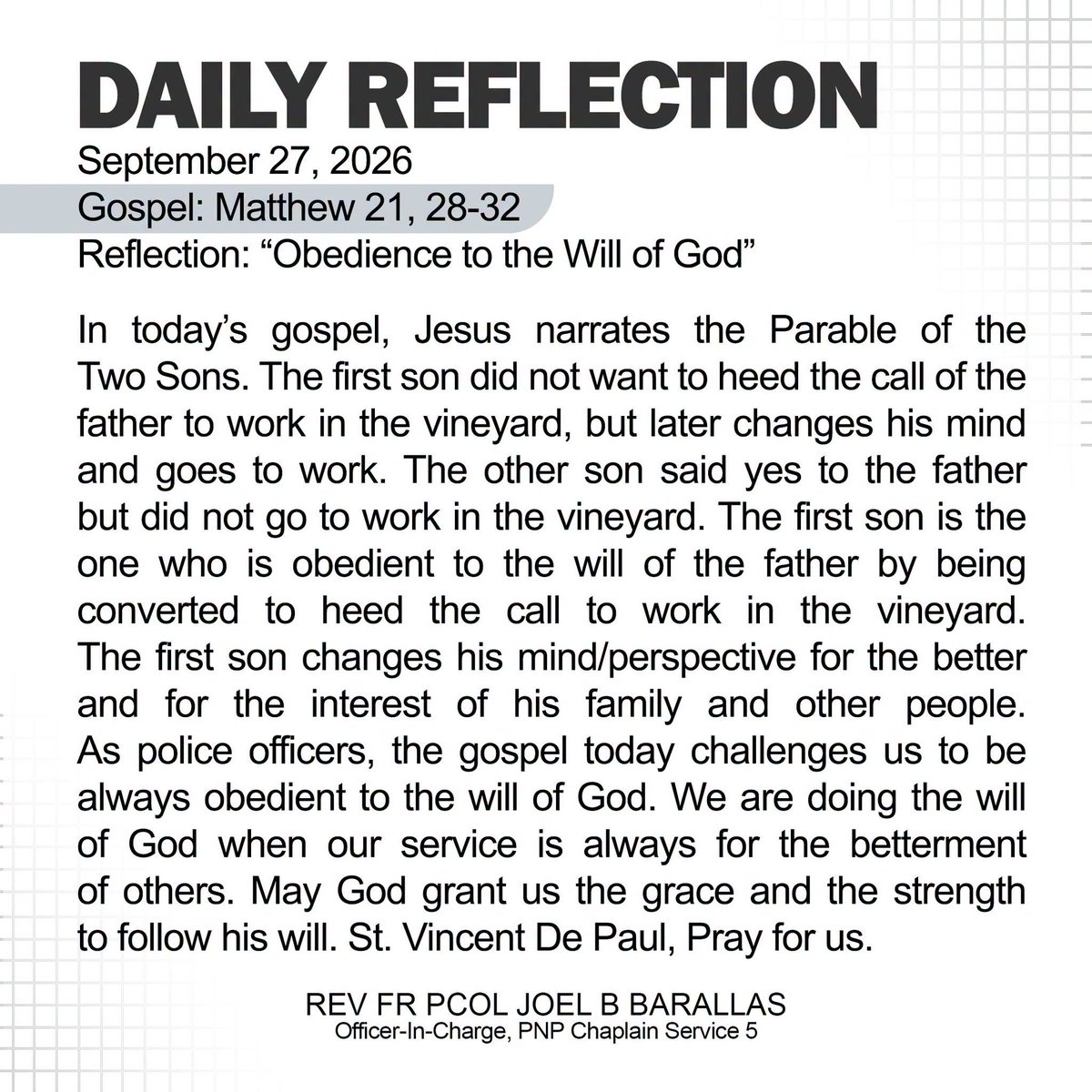 PCADGIlocosR's tweet photo. September 27, 2026
Gospel: Matthew 21, 28-32
Reflection: “Obedience to the Will of God” https://t.co/OFD113mpOA