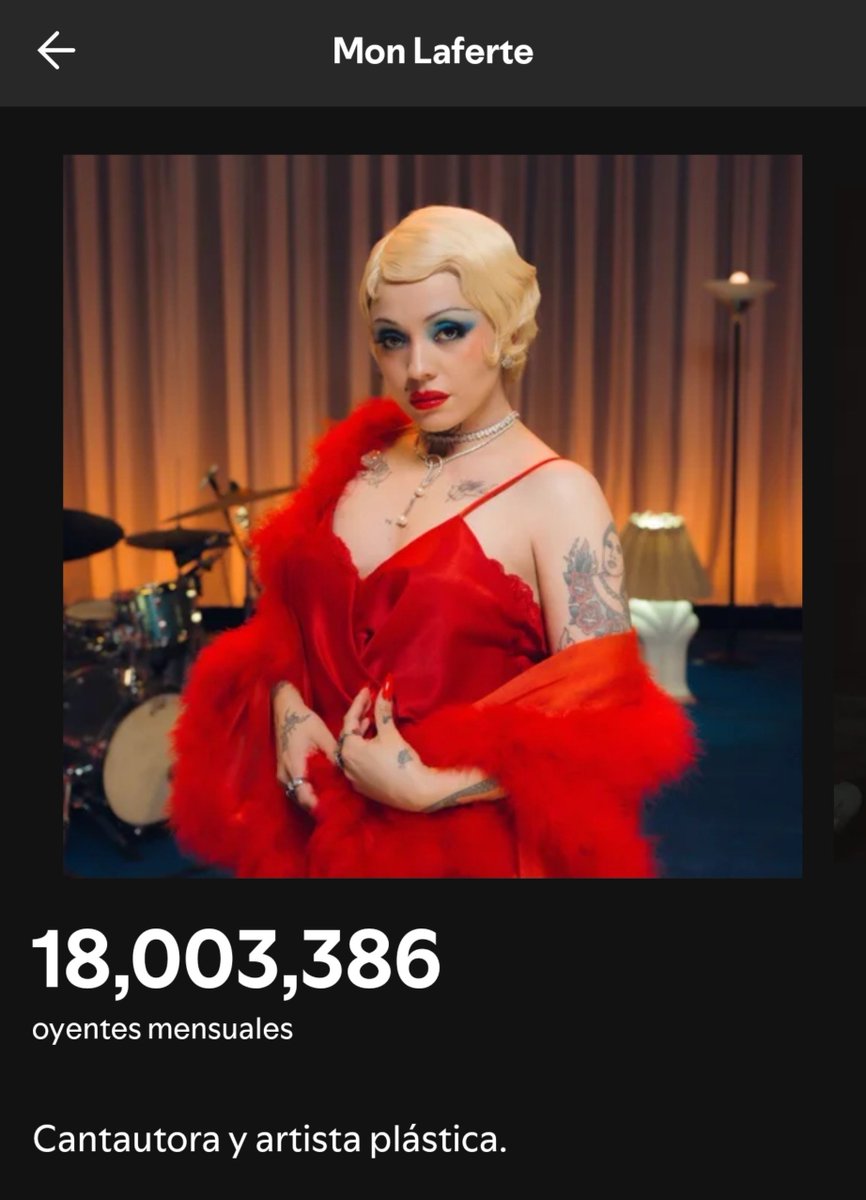 DeLaferteHum's tweet photo. Mon Laferte vuelve a superar los 18 millones de oyentes mensuales 😎👌 https://t.co/oRjdZSeLds