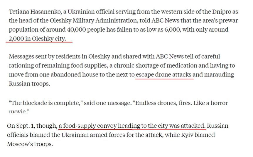 Val85960950's tweet photo. @ABC Yes, Russian-controlled since 2022. NOW WHO DO YOU THINK HAS BEEN ATTACKING OLESHKY SINCE 2022?? Are Russians droning their own soldiers in the city, did that Sept 1 convoy swim across the river? It was a Russian food supply convoy blown up by Ukrainian drones.
Propaganda clowns. https://t.co/2TyeeDWoJo