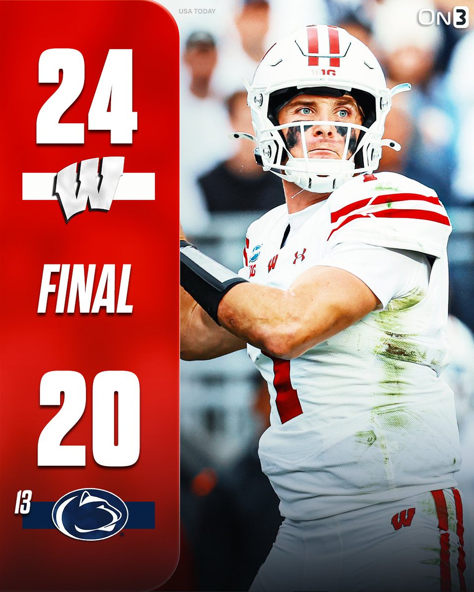 On3's tweet photo. Wisconsin downs No. 13 Penn State in Happy Valley🦡

https://t.co/E6TZwSagqO https://t.co/9xtKfBylkI