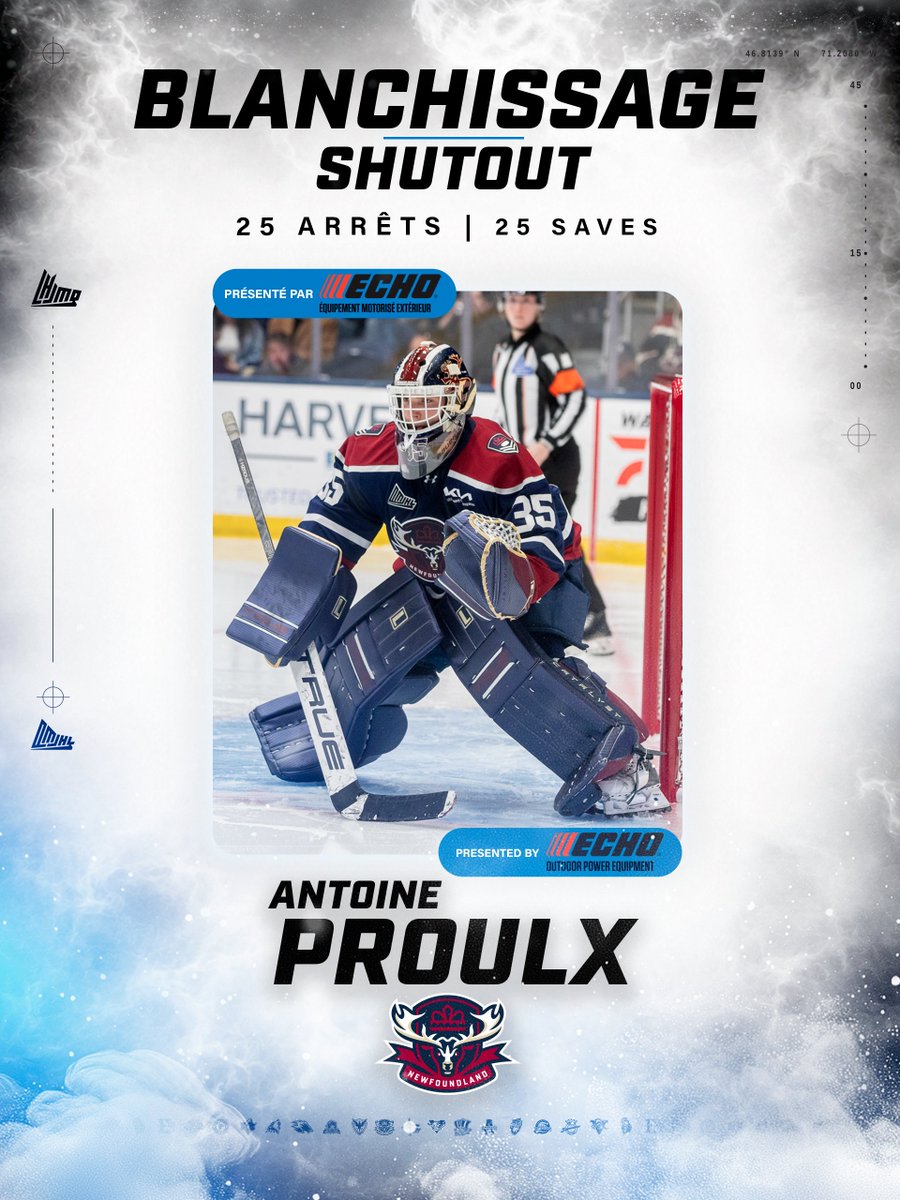 QMJHL's tweet photo. Who said it's always hard for a goaltender with new gear? 😉
Antoine Proulx collects his 1st QMJHL shutout, with 25 saves! 🧱 @nlregiment
#ECHO | #shutout https://t.co/tPLPVVxges