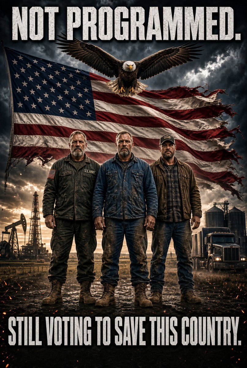 Scottie8931's tweet photo. Not brainwashed. Just not stupid.
The ones still voting Republican to save this country are the people the talking heads mock: farmers, truckers, veterans, oil workers, factory hands, and parents in Texas, Florida, Ohio, Pennsylvania, Tennessee, Iowa, Oklahoma, and rural Arizona.
They don’t need a professor to tell them a wide-open border is a disaster. They don’t need a network to tell them the cities look worse. They can see it.
Everybody else got programmed. These people didn’t. That’s why they’re still voting like the country is worth keeping. 
What state is everyone voting red in